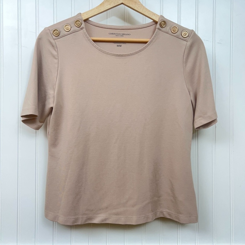 Christian Siriano Top Tan Minimalist Chic Button Shoulder Short Sleeve Women's M